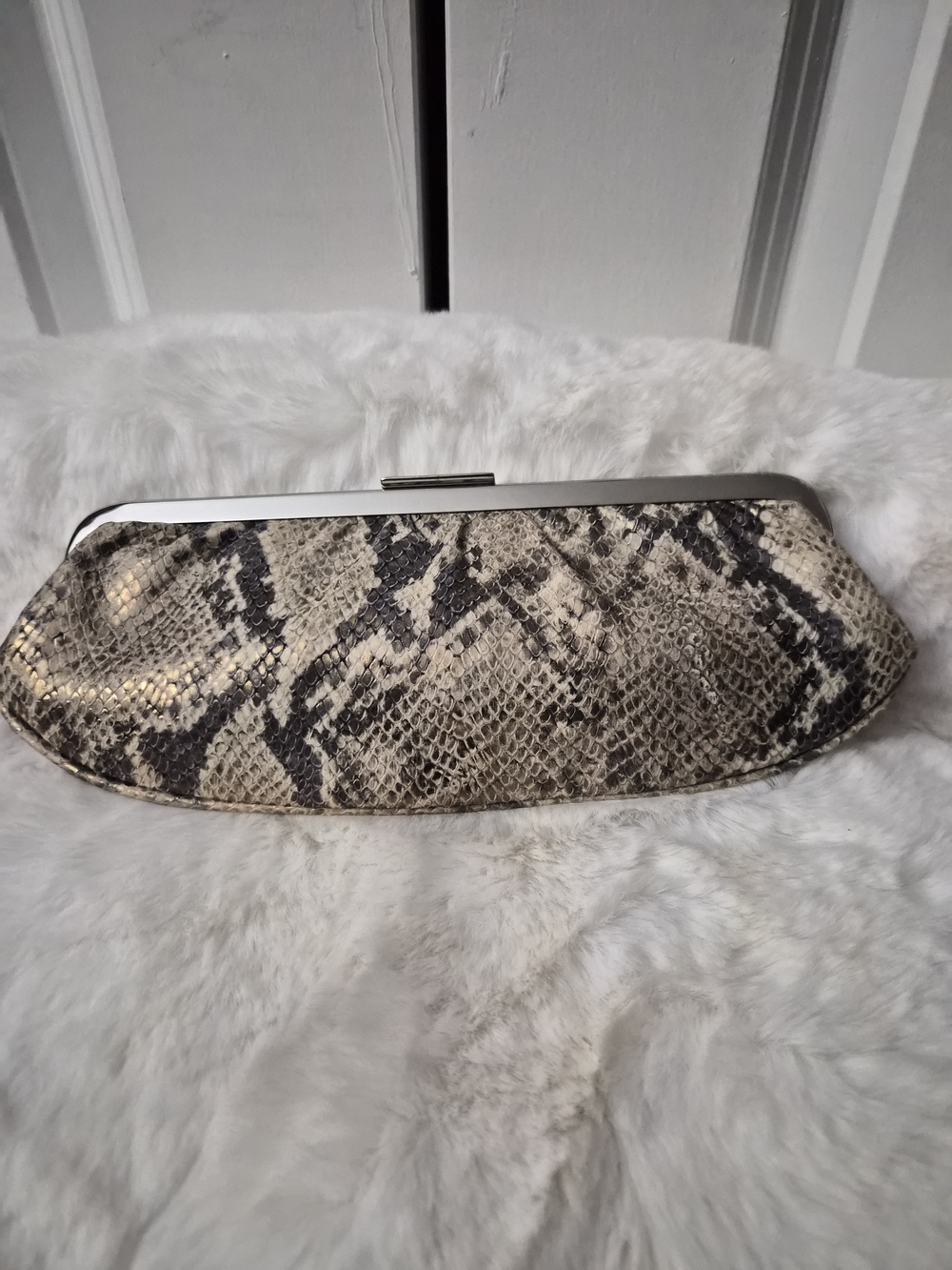 BANANA REPUBLIC Snake-Print Evening Clutch in Beige and Black